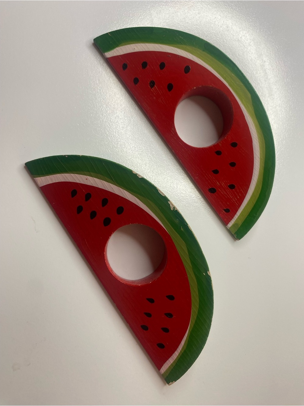 Wooden watermelon slice napkin rings, vintage folk art tableware set; set of two